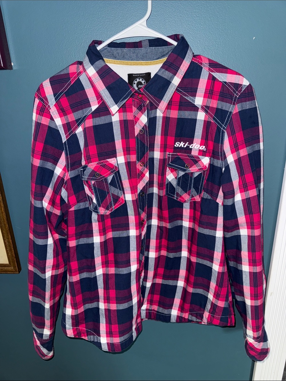 Ski-Doo Women's Pink & Navy Plaid Button-Up Shirt Jacket